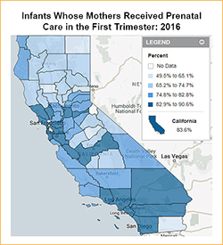 Image of California map of data on mothers who receive prenatal care in the first trimester